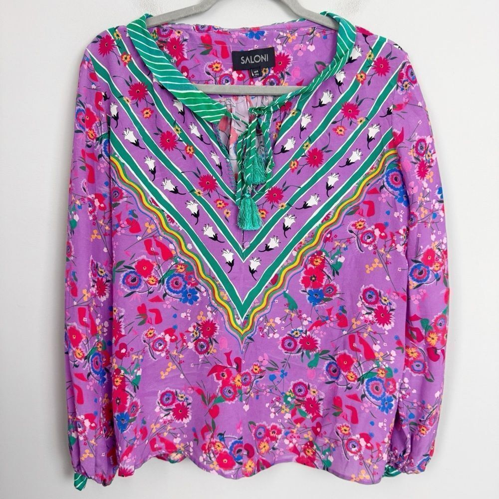 SALONI | Ali Silk Top in Snowdrop Pimpernel Purple & Green Women’s Size 2 - Picture 2 of 9